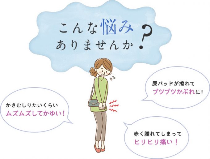 こんな悩みありませんか?・かきむしりたいくらいムズムズしてかゆい!・尿パッドが擦れてブツブツかぶれに!・赤く腫れてしまってヒリヒリ痛い!